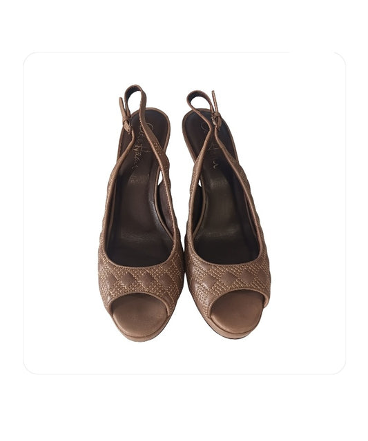 Cole Haan Brown Quilted Peep-toe Slingback Heels, Size 8